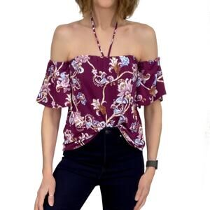 WHBM Off The Shoulder Floral Top Sz 0 New $88 Halter Strapless Blouse Gypsy Wine
